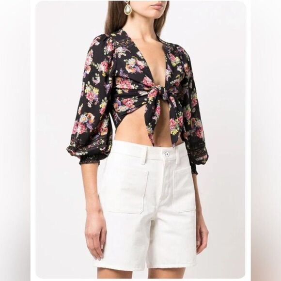 Alice + Olivia Marlee Floral Tie Front Blouson Sleeve Crop Blouse Top Large New - Picture 2 of 4